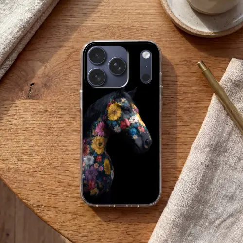 Paard - Bloemen - Zwart Telefoonhoesje iPhone 17 Pro klein -sfeer1