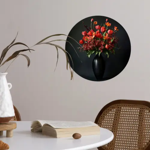 Boeket - Tulpen - Vaas - Rood Wandcirkel behangsticker klein -sfeer3