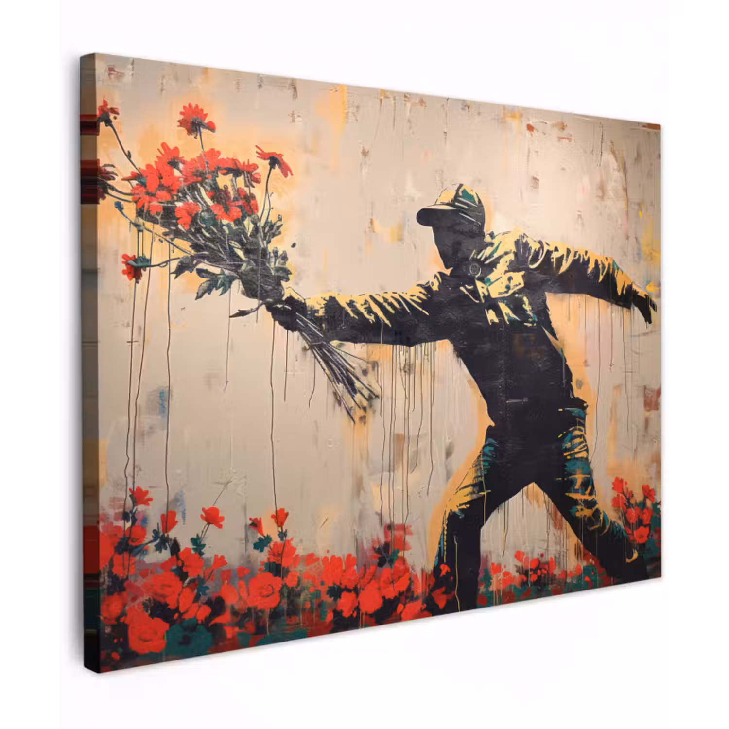 Leinwandbild - Straßenkunst - Mann - Blumen - Rot - Graffiti - Banksy