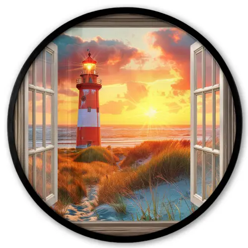 Doorkijk - Raam - Vuurtoren - Zonsondergang - Strand Fotolijst rond zonder passe partout klein -3d