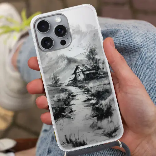 Hut - Grijs - Bergen - Mistig Hoesje iPhone 16 Pro Max met koord klein -sfeer3