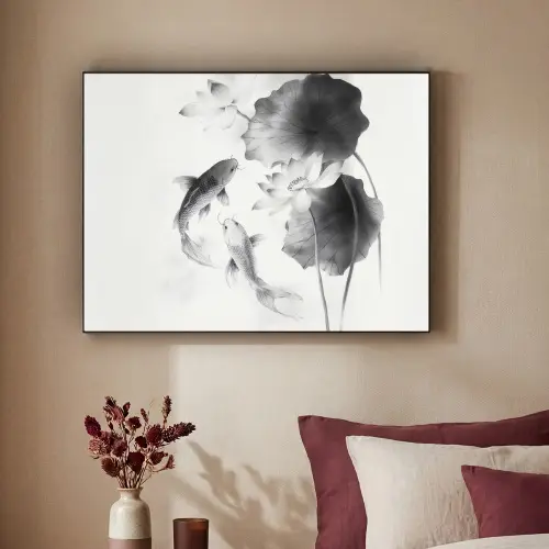 Lotusbloemen - Vissen - Bladeren - Zwart Textielframe zwart klein -sfeer1