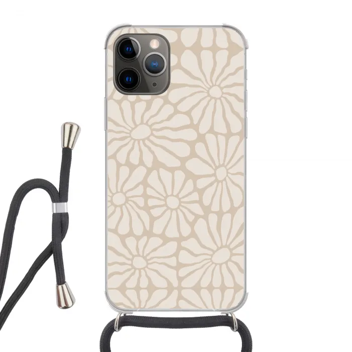 Bloemen - Print - Beige - Bruin - Minimalistisch Hoesje iPhone 12 Pro met koord klein -3d