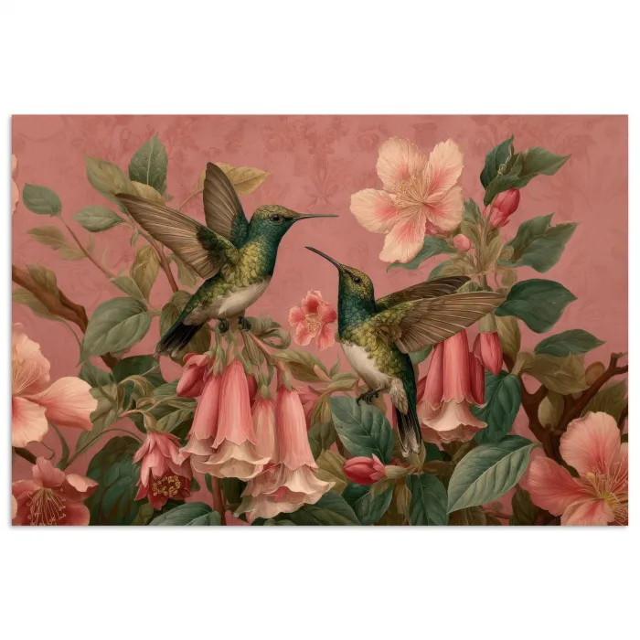 Kolibries - Bloemen - Groen - Roze poster papier klein -3d