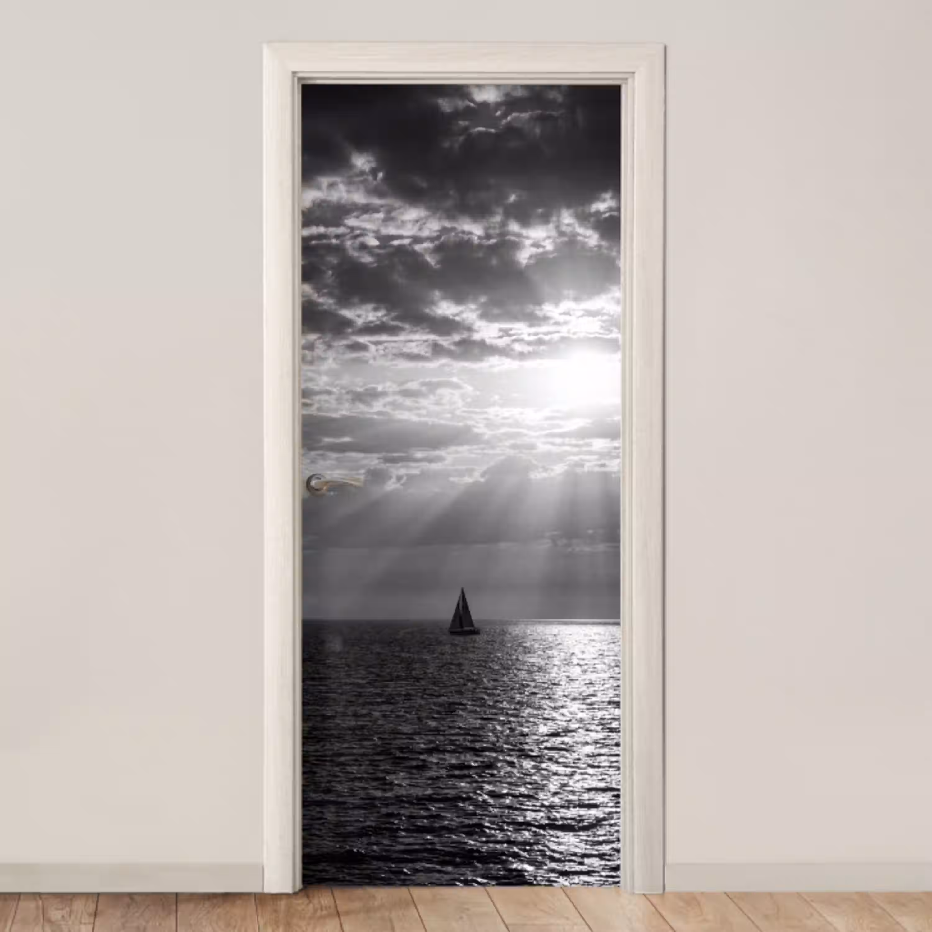 Water - Boot - Lucht - Natuur - Zwart-wit deurposter klein -3d_beige
