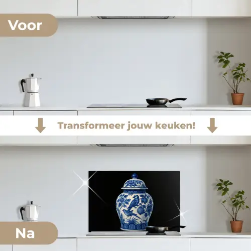 Pot - Delfts Blauw - Bloemen keuken achterwand spatscherm klein -voor_na_NL