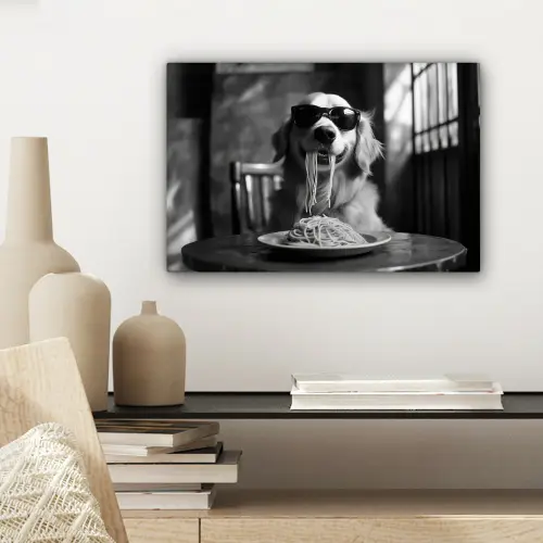 Golden Retriever - Hond - Vrolijk -  Bord spaghetti - Zwart - wit canvas 2cm klein -sfeer6