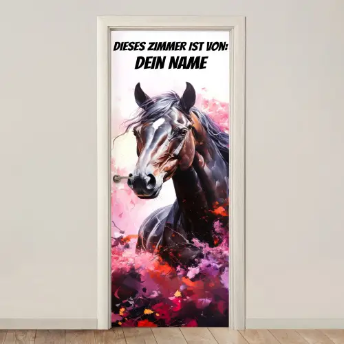 Gemaltes Pferd in kräftigen Farben mit personalisierbarem Text oben. deurposter klein -3d_beige