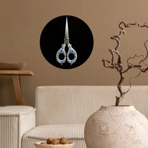 Schaar - Delfts blauw - Zwart Wandcirkel behangsticker klein -sfeer1