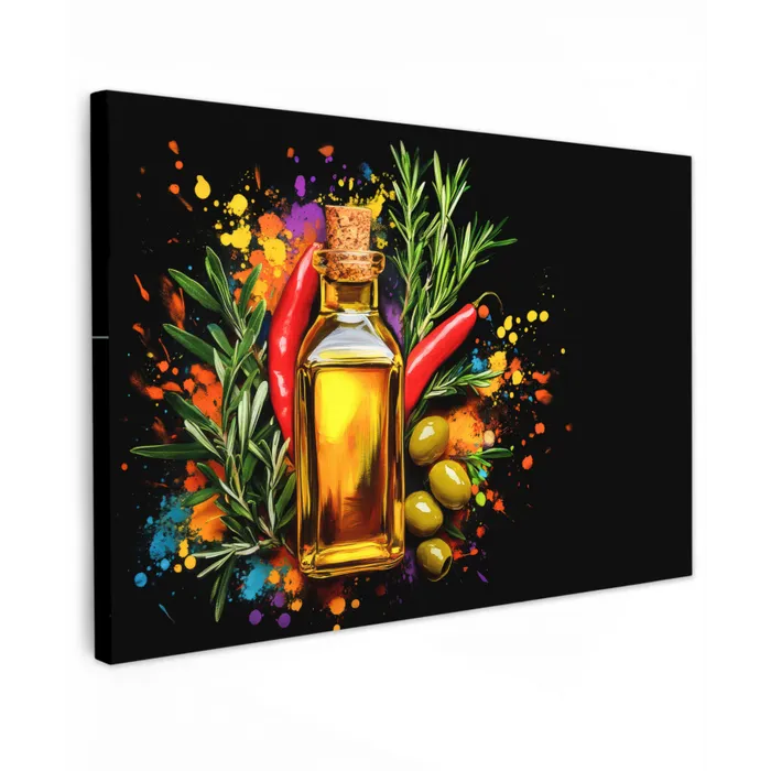 Olijfolie - Graffiti - Peper - Olijven - Modern Tuinposter op houten frame 2 cm dik klein -3d