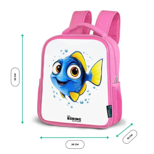 Blauwe vis met gele vinnen en vrolijke blik Kinderrugzak - Roze middel -productfoto_formaten