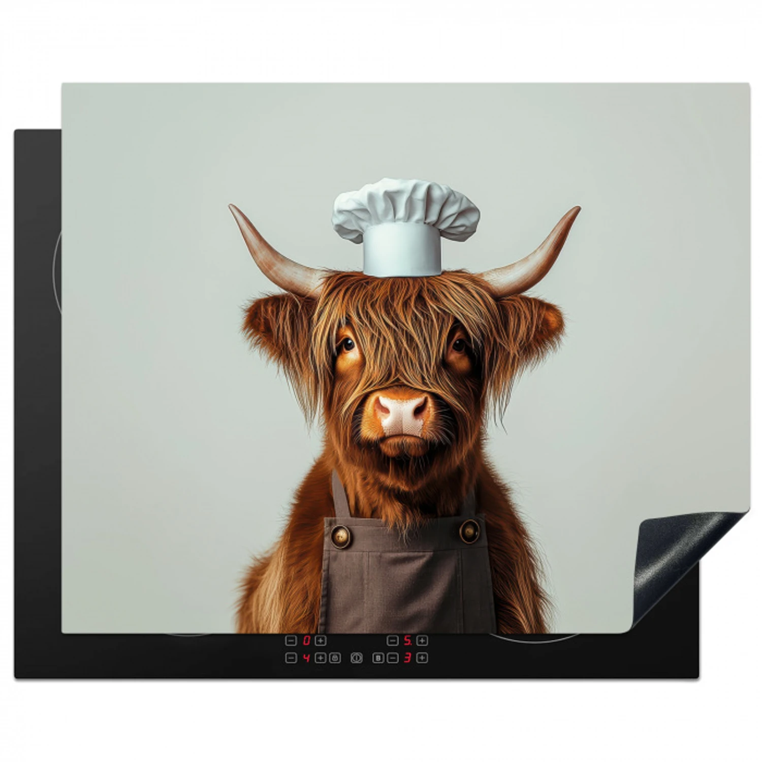 Schotse Hooglander - Bruin - Hoorns - Kokskleding Inductie beschermer vinyl 3mm groot -3d