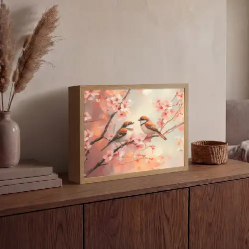 Vogels - Romantic - Bloesemtak Light Box met batterij (Wandlamp) middel -sfeer2
