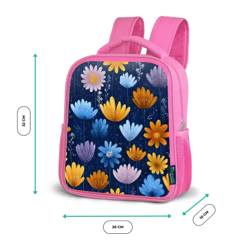 Bloemen - Patroon - Blauw - Contrast Kinderrugzak - Roze middel -productfoto_formaten