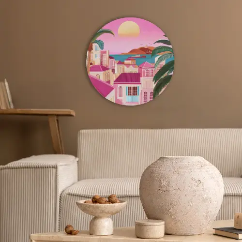 Stad - Roze - Palmbomen Akoestische PET Vilt - Rond klein -sfeer1
