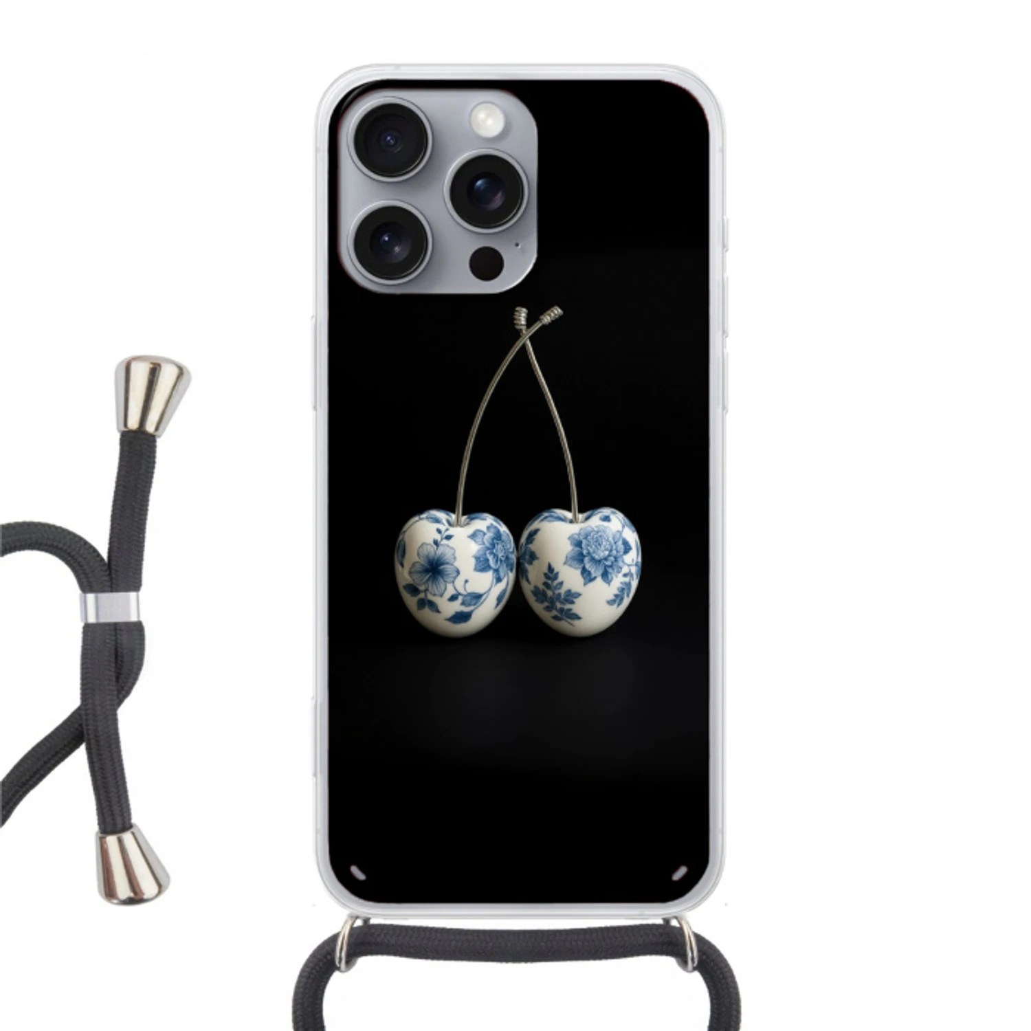 Kersen - Delfts blauw - Fruit Hoesje iPhone 16 Pro Max met koord klein -3d