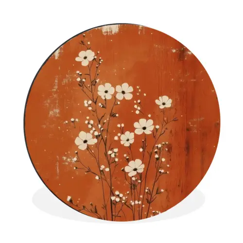 Bloemen - Wit - Subtiel - Roestkleur Wandcirkel aluminium klein -3d