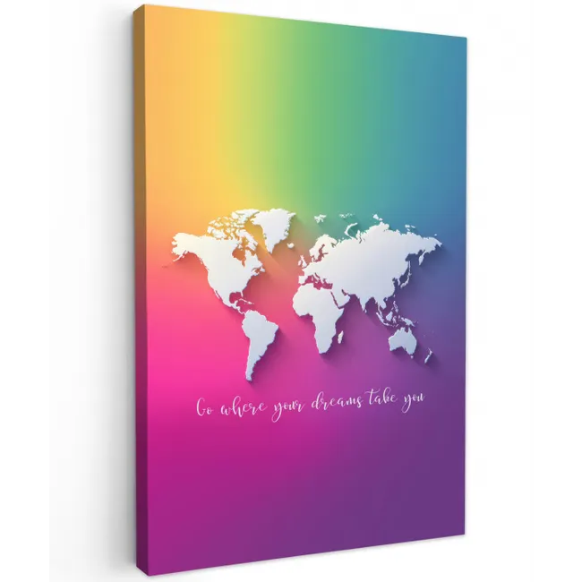 Regenboog - Quote - Wereldkaart - Dream Tuinposter op houten frame 2 cm dik middel -3d