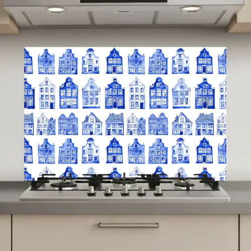 Patroon - Huizen - Blauw keuken achterwand spatscherm klein 900 -3d_website