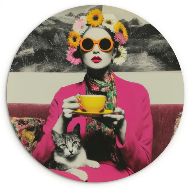 Muurcirkel - Vrouw - Kat - Bloemen - Kopje - Retro