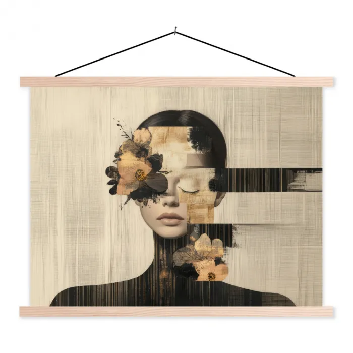 Gezicht - Bloemen - Zwart - Vrouw textielposter latten blank klein -3d
