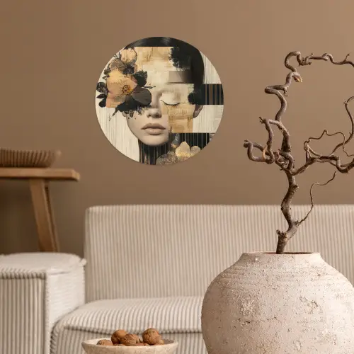 Gezicht - Bloemen - Zwart - Vrouw Wandcirkel behangsticker klein -sfeer1