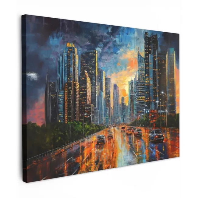 Leinwandbild - Auto - Skyline - Sonne - Blau