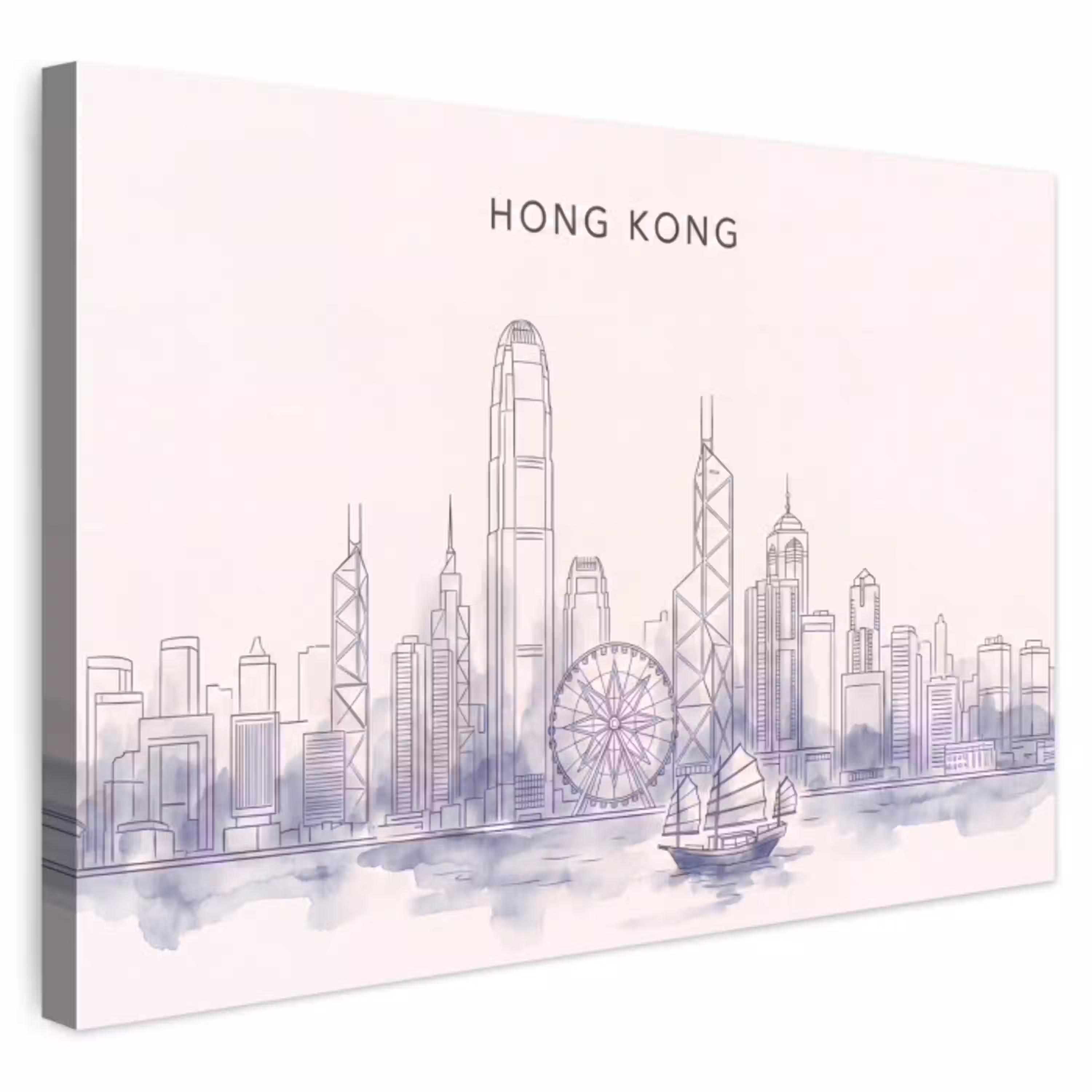 Stad - Skyline - Water - Lijntekening - Blauw Tuinposter op houten frame 2 cm dik klein -3d