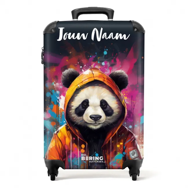 Koffer met naam - Panda met Oranje Jas en Verfspetters