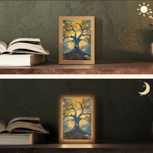 Boom - Levensboom - Blauw - Goud Light Box met kabel (Tafellamp) klein -sfeer3