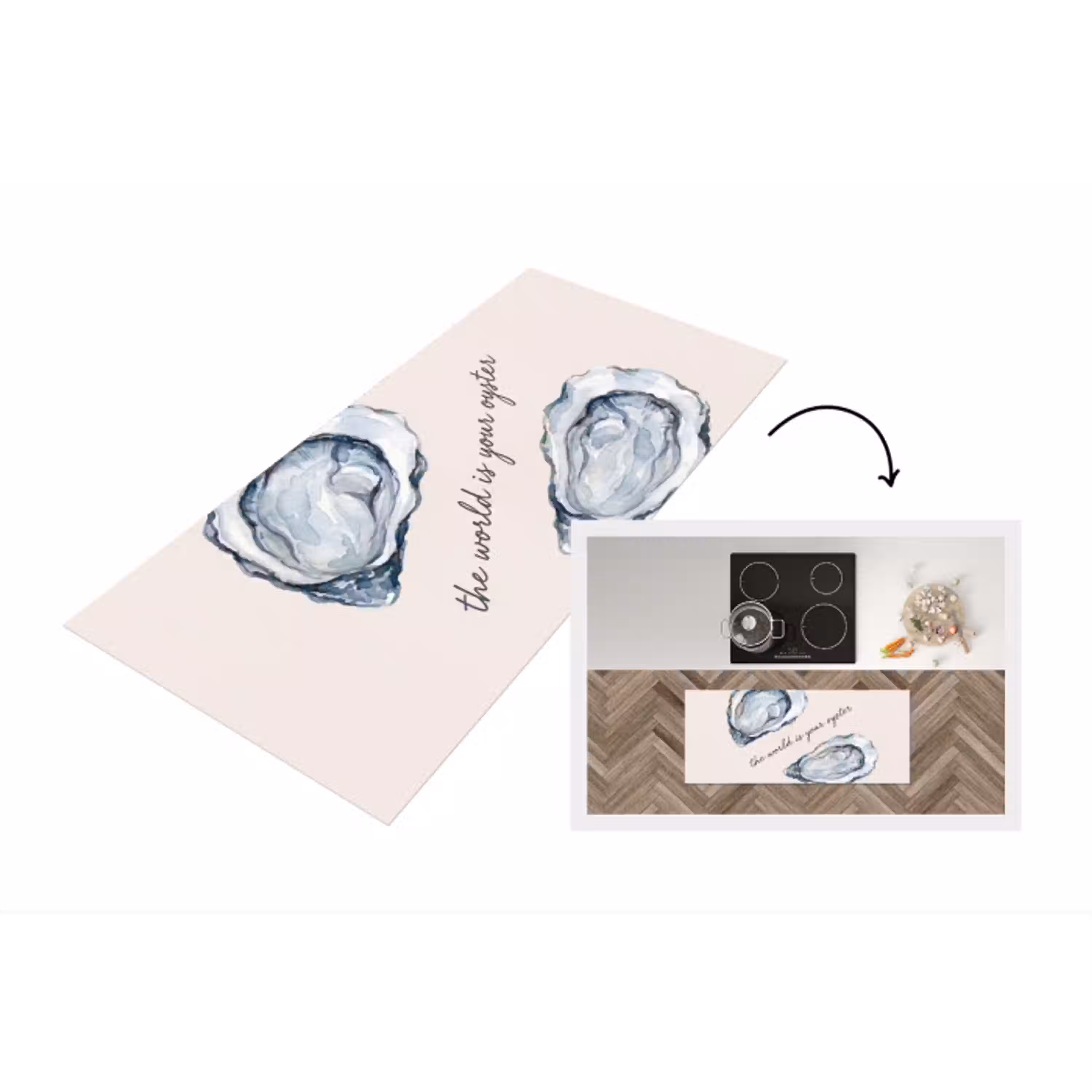 Zeeleven - Oester - Aquarel - Minimalistisch - Blauw Keukenloper - keukenmat middel -3d