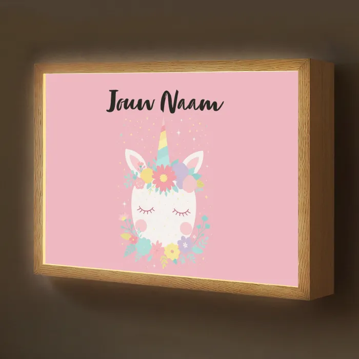 Eenhoorn - Bloemen - Roze Light Box met batterij (Wandlamp kind) middel -z3d_website