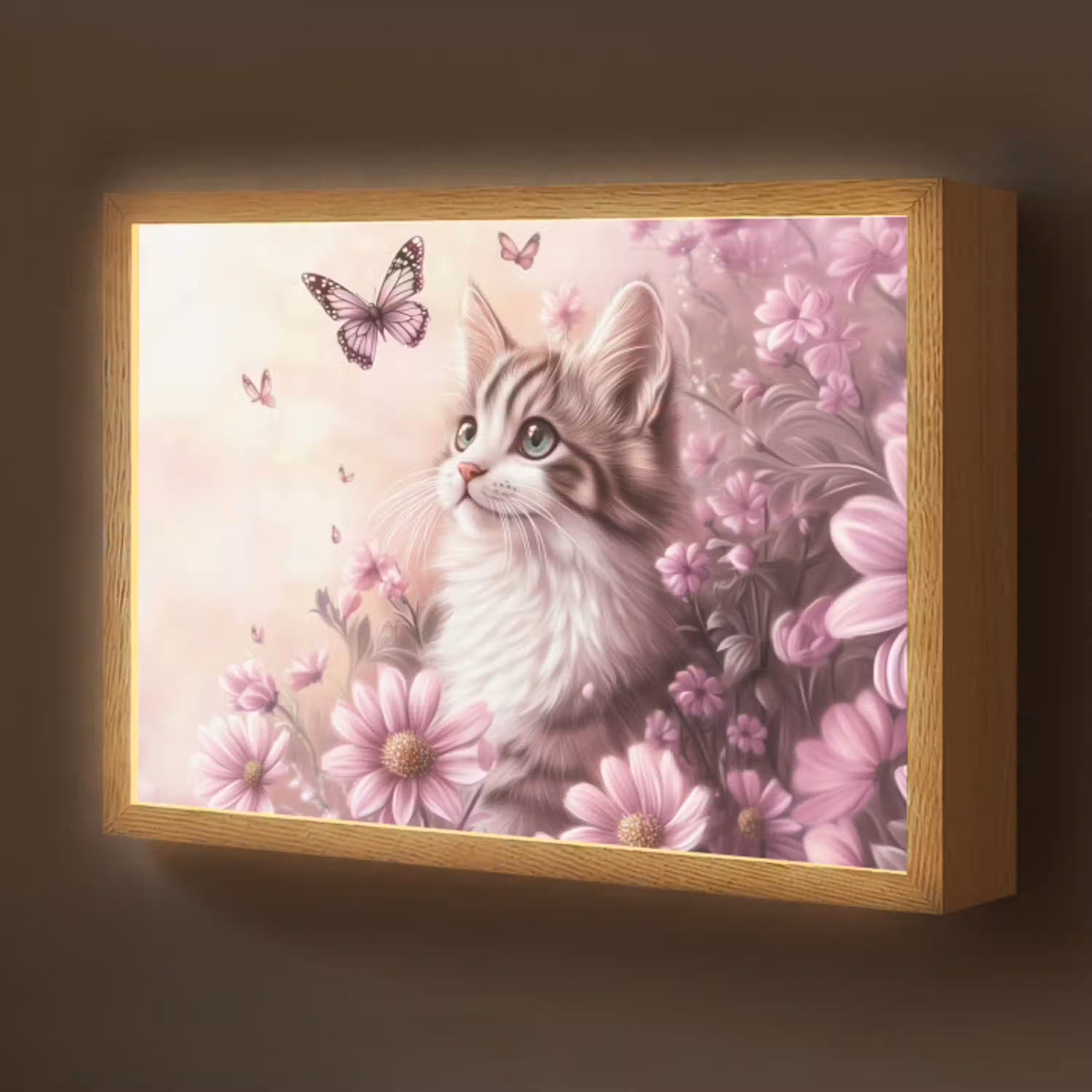 Kitten - Bloemen - Vlinders - Paars Light Box met batterij (Wandlamp kind) middel -z3d_website