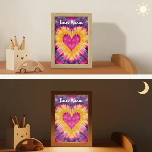 Tie dye - Hartvorm - Vlammen - Paars Light Box met kabel (Kinderlampje) klein -sfeer3_kind