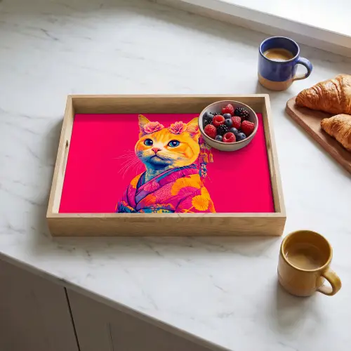 Kat - Kimono - Bloemen - Roze Dienblad Rechthoek middel -sfeer2