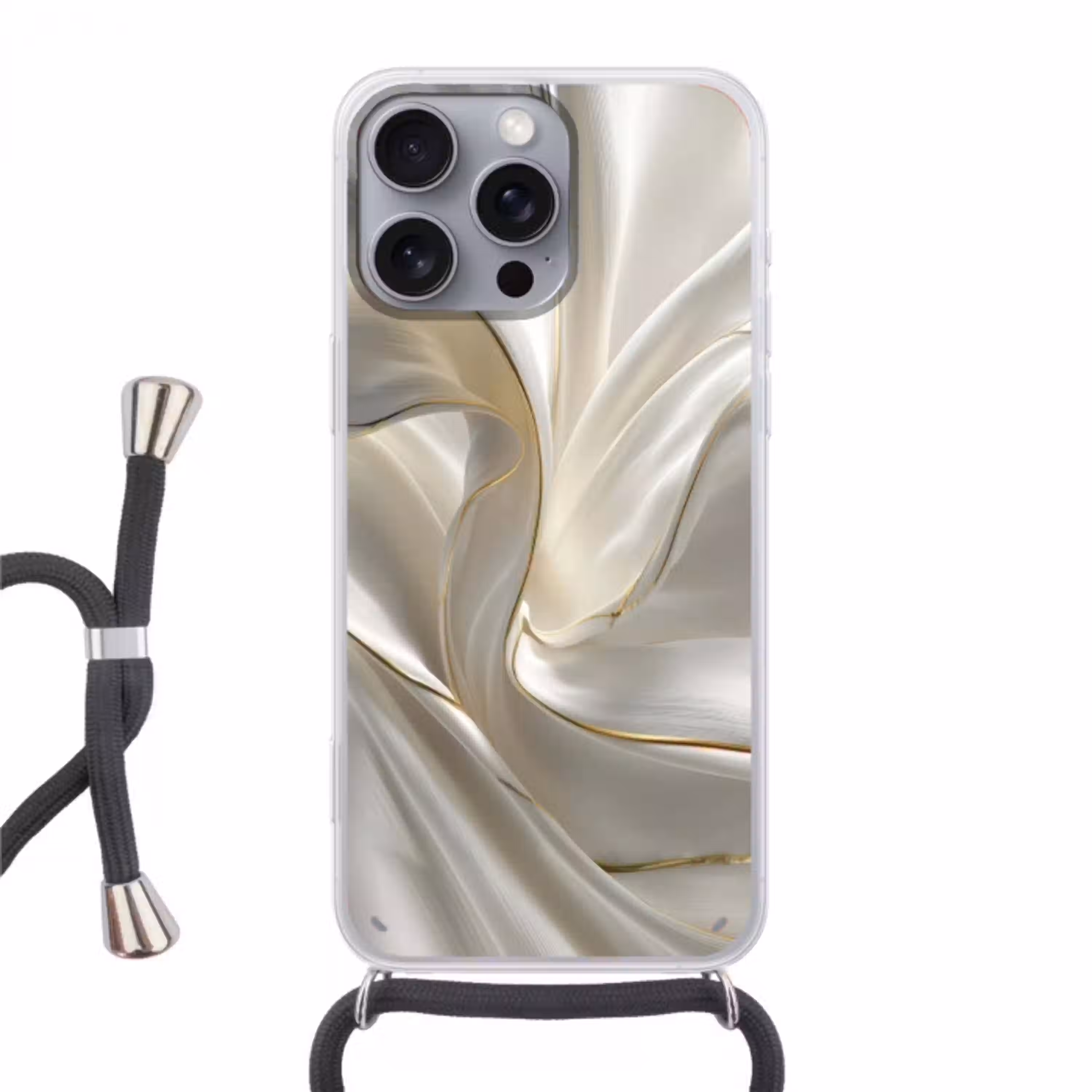 Stof - Plooien - Goud Hoesje iPhone 16 Pro Max met koord klein -3d