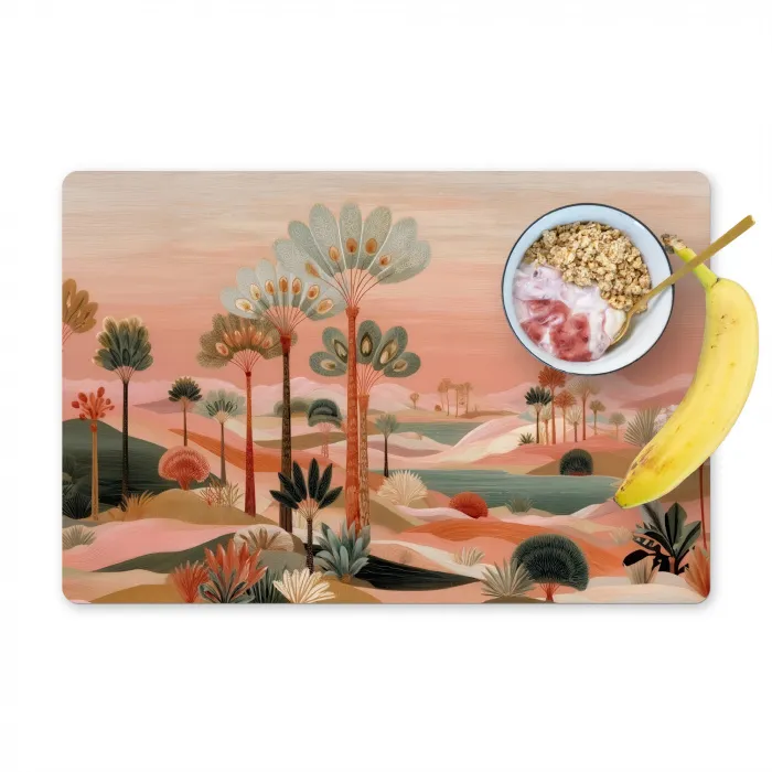 Roze landschap - Palmen - Water Placemat vinyl groot -zzzproduct_Kitchenyeah-website