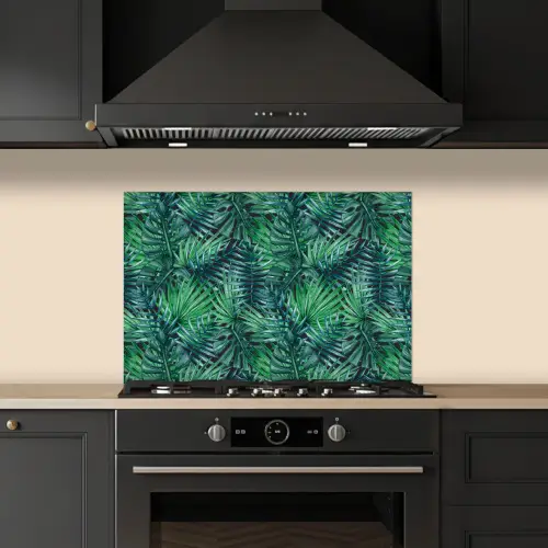 Blauw - Palmbladeren - Afsnijding keuken achterwand spatscherm klein 900 -sfeer1