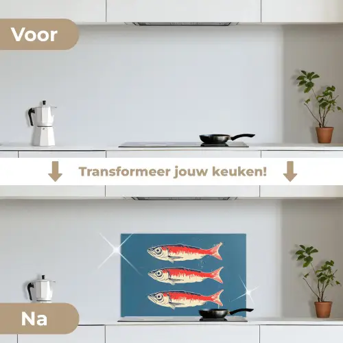 Vissen - Rood - Blauw keuken achterwand spatscherm klein -voor_na_NL
