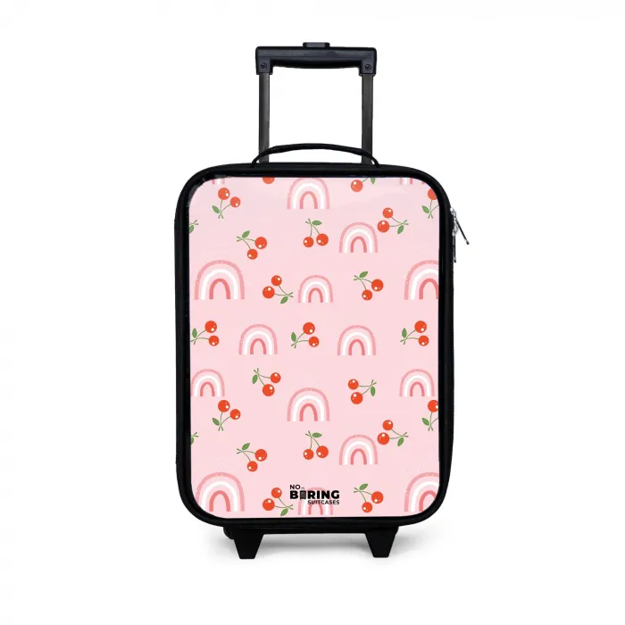 Roze met regenboog en kersen patroon Kinderkoffer - Zwart klein -3d