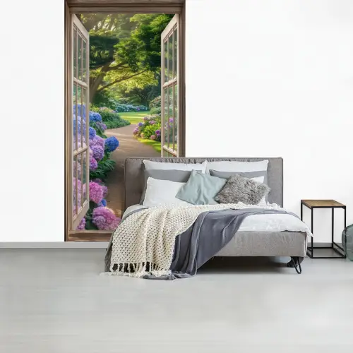 Doorkijk - Tuin - Raam - Hortensia - Bloemen fotobehang vinyl groot -slaapkamer