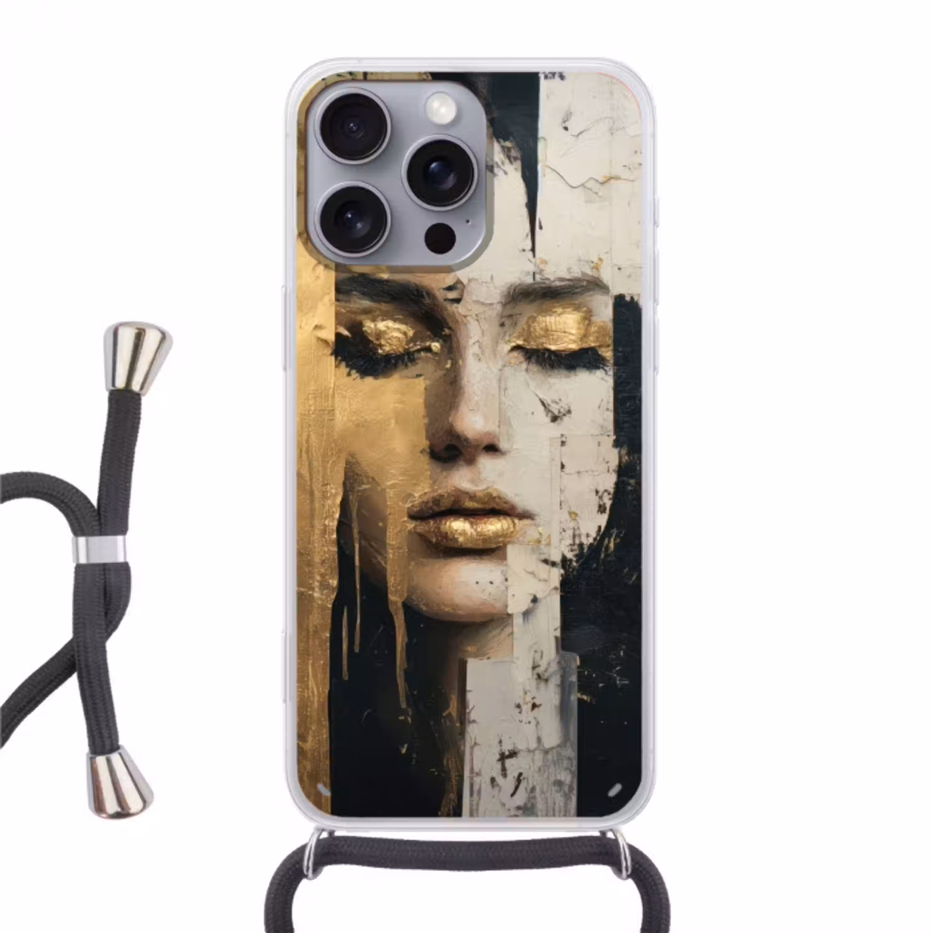 Abstract - Goud - Gezicht - Lippen Hoesje iPhone 16 Pro Max met koord klein -3d