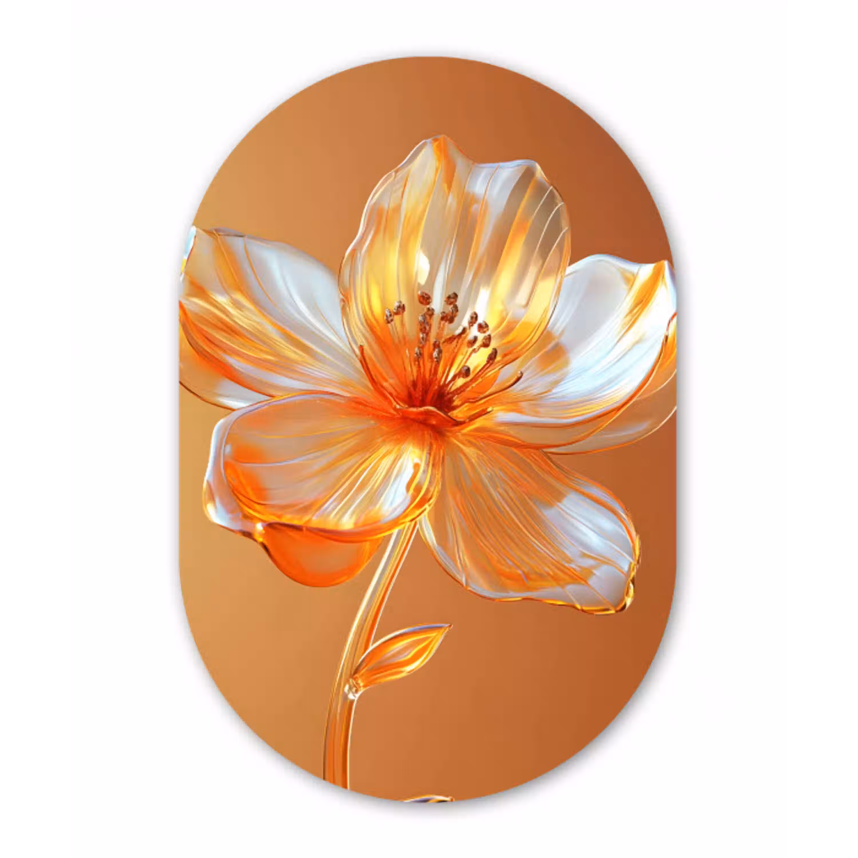 Glazen - Bloem - Oranje Wandcirkel Ovaal Aluminium middel -3d