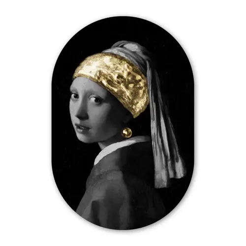 Meisje met de parel - Johannes Vermeer - Goud Wandcirkel Ovaal Forex klein -3d