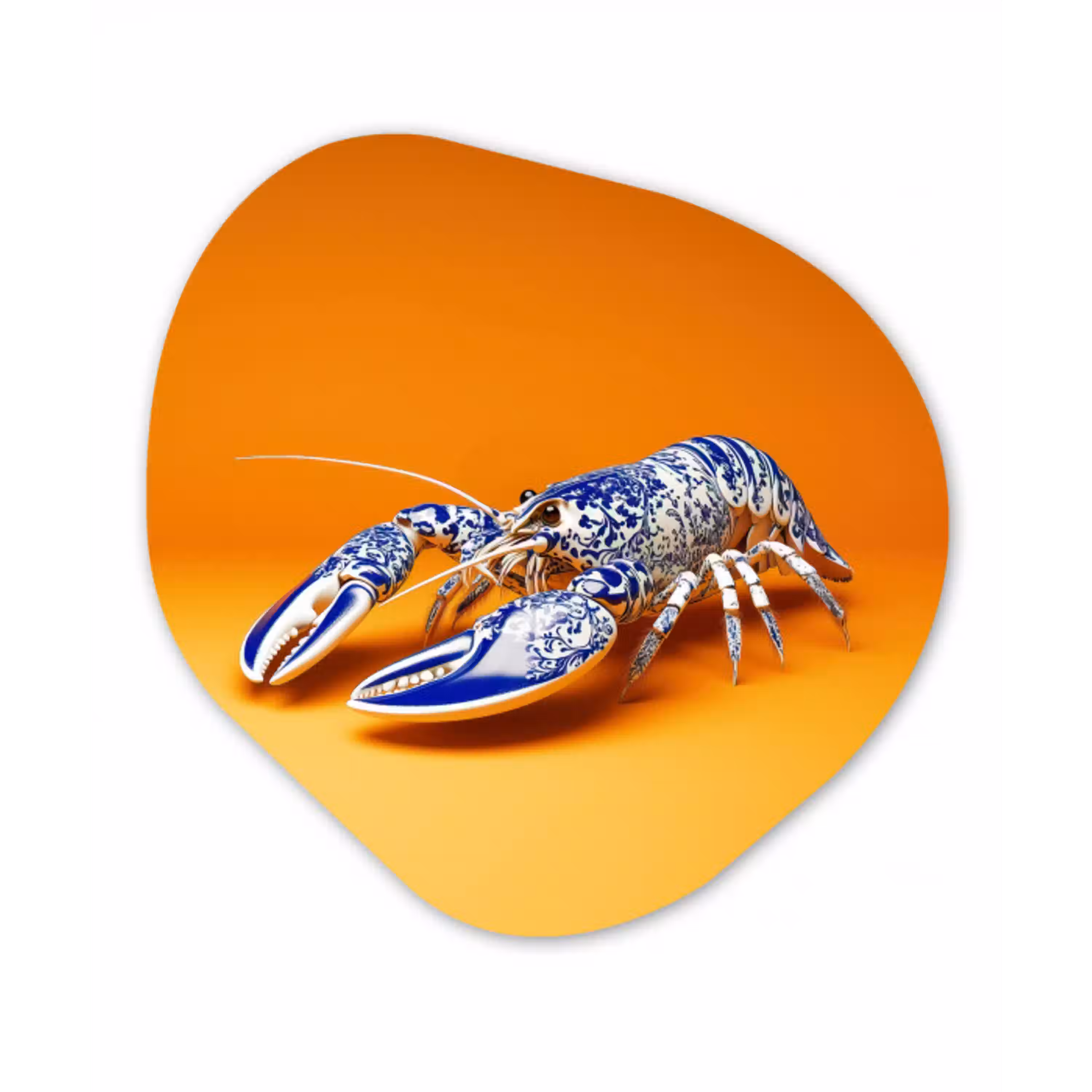 Kreeft - Delftsblauw - Schild - Stoer - Oranje Wandcirkel Organisch Plexiglas middel -3d