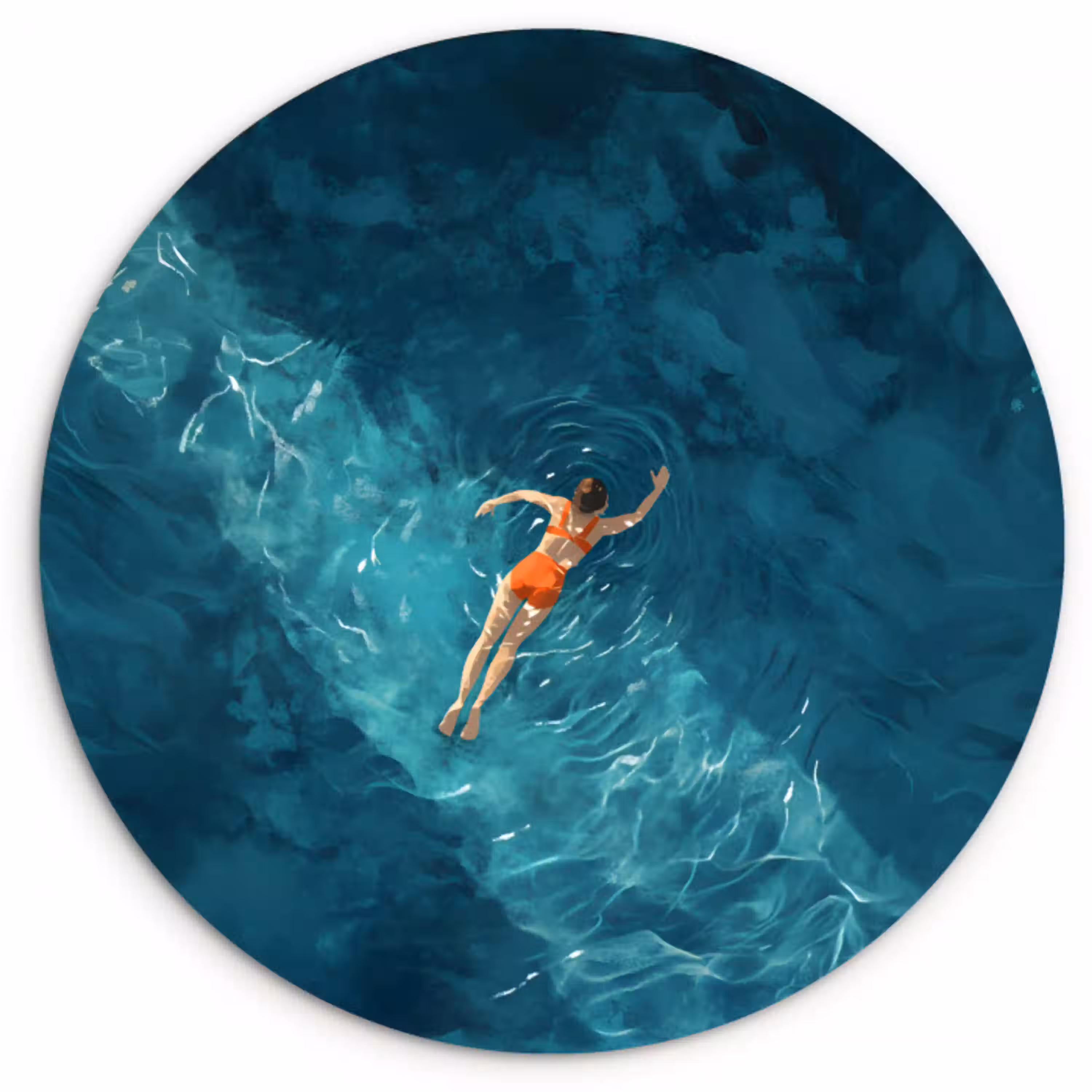 Vrouw - Water - Bikini - Oranje Wandcirkel kunststof plaat 5mm dik klein -3d