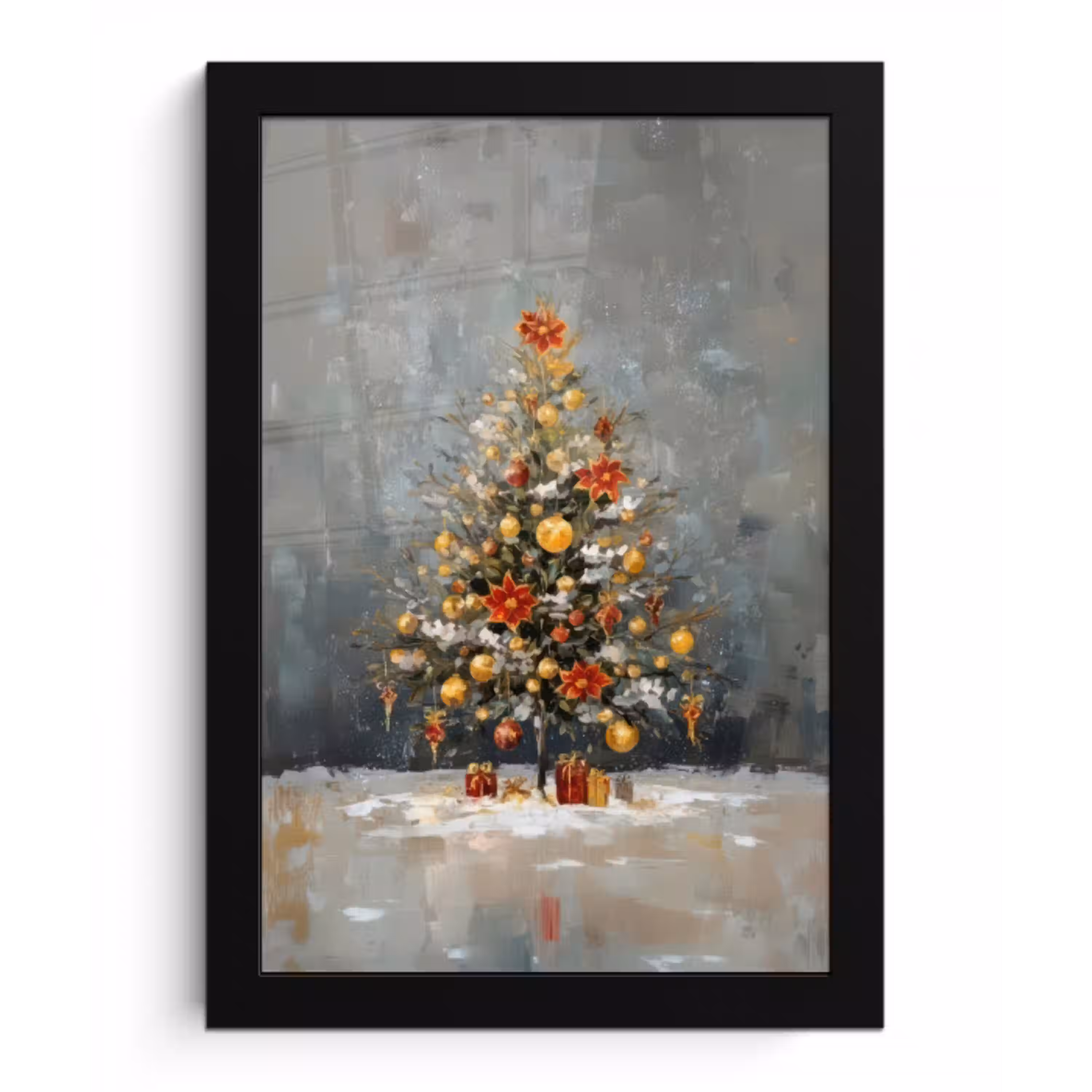 Kerstboom - Cadeaus - Rood - Goud fotolijst zwart zonder passe partout klein -3d