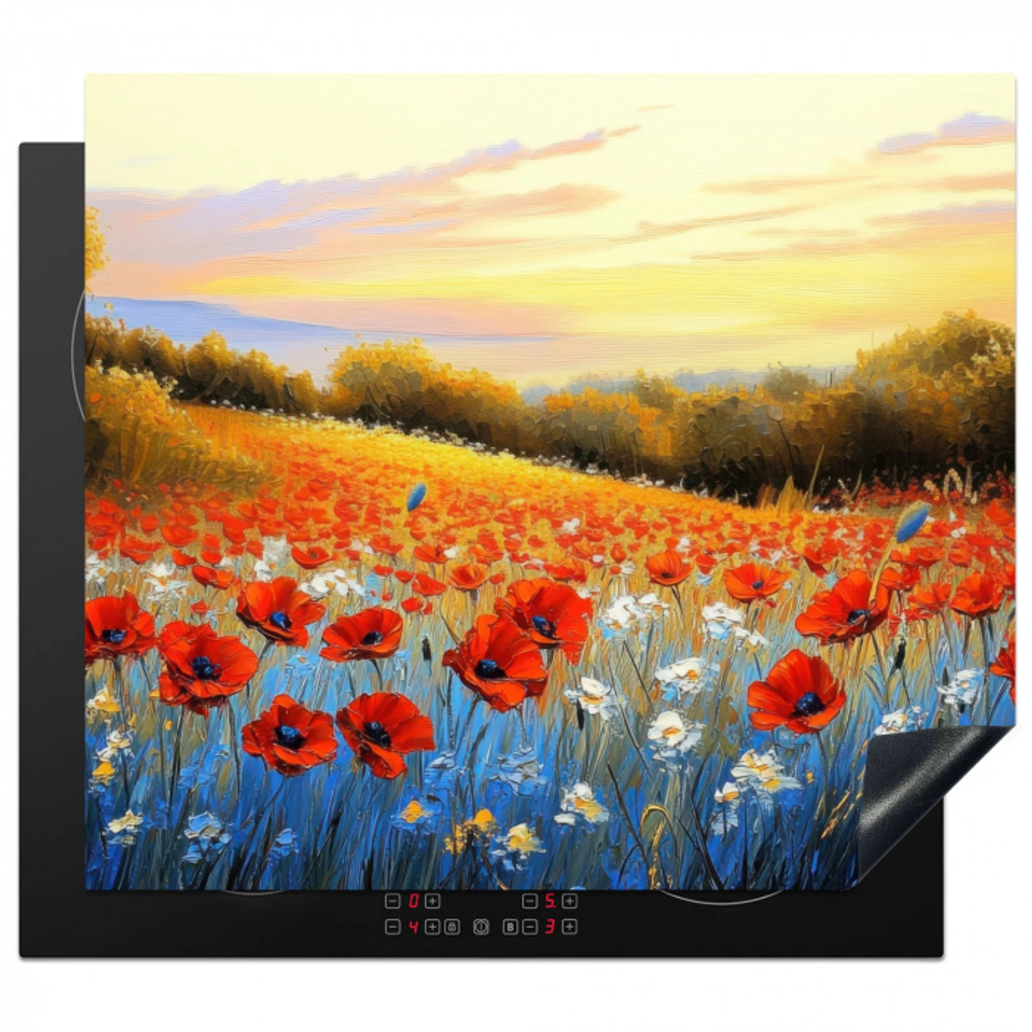 Klaproos - Bloemenveld - Kleurrijk Inductie beschermer vinyl 3mm middel -3d