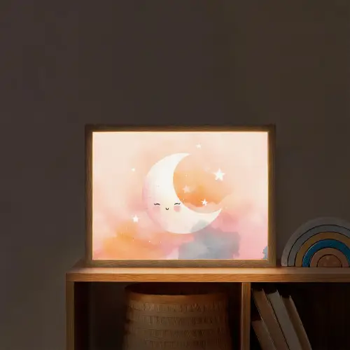 Maan - Gezichtje - Sterren - Roze Light Box met batterij (Wandlamp kind) middel -sfeer1_kind