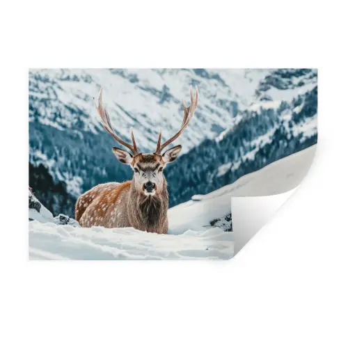 Hert - Landschap - Winter - Natuur - Dieren - Bergen Muursticker klein -3d